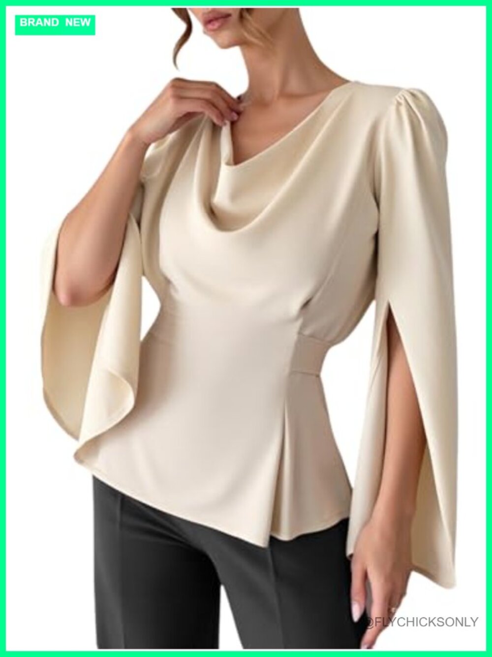 Cowl Neck Satin Split Long Sleeve Peplum Tie Back Blouse